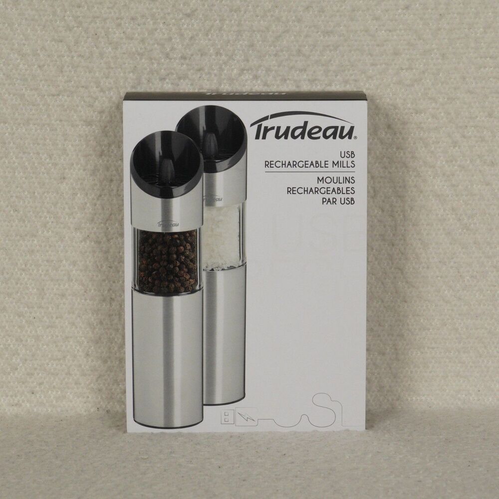 Trudeau USB Rechargeable Salt & Pepper Mill Set Stainless Steel No Buttons